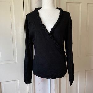 Silk Cashmere Ruffled V Neck with Flower Accent